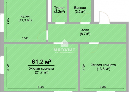 Общая площадь квартиры 61,2 кв.м, жилая 35,5, кухня 11,2 кв.м. 
Территория жилого комплекса огорожена и находится под круглосуточной охраной.