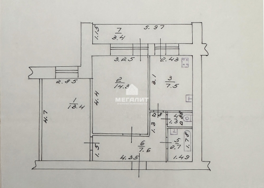 Адрес: ул. Татарстан, дом 7, Количество комнат: 2, Общая площадь: 46.8 м<sup>2</sup>, Жилая площадь: 27.7 м<sup>2</sup>, Площадь кухни: 7.5 м<sup>2</sup>, Этаж: 3/9, Тип дома: Кирпичный