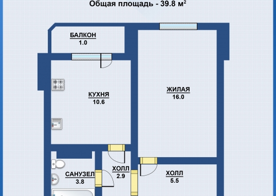 Адрес: ул. Кооперативная, дом 12, Количество комнат: 1, Общая площадь: 39.8 м<sup>2</sup>, Жилая площадь: 16 м<sup>2</sup>, Площадь кухни: 10.6 м<sup>2</sup>, Этаж: 2/3, Район: Высокогорский