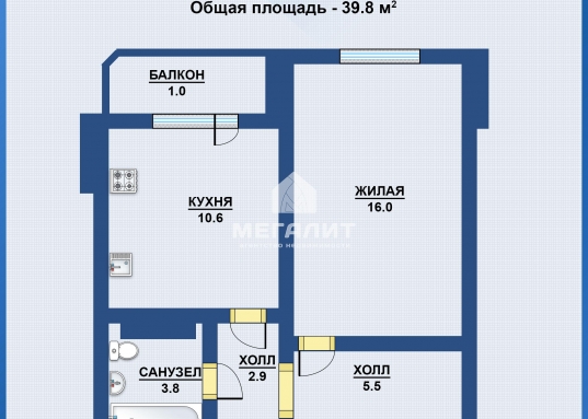 Адрес: ул. Кооперативная, дом 12, Количество комнат: 1, Общая площадь: 39.8 м<sup>2</sup>, Жилая площадь: 16 м<sup>2</sup>, Площадь кухни: 10.6 м<sup>2</sup>, Этаж: 2/3, Район: Высокогорский